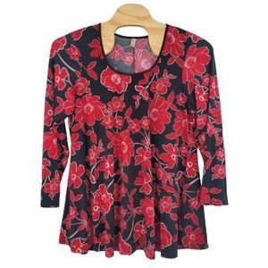 24Seven Comfort Apparel Floral Long Sleeve Babydoll Tunic Top Black Red Size 3X